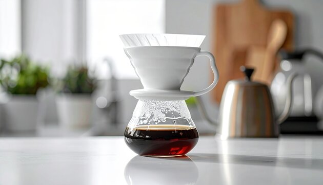 A clean commercial shot of a white ceramic coffee pour-over filter cup item tool