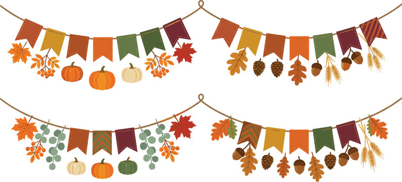 Set of festive autumn bunting illustrations, featuring seasonal foliage, pumpkins, acorns, pinecones, and wheat elements