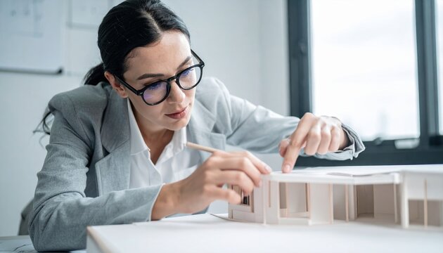 A professional architect checking dimensions on a physical model