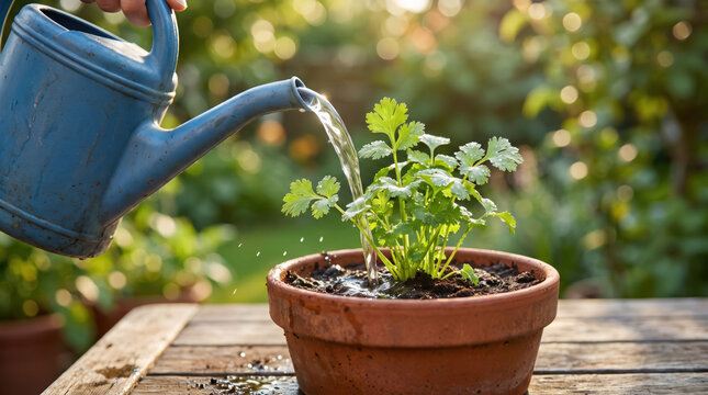 Watering can pouring water on young plant in terracotta pot, gardening concept, hand watering seedling on wooden table outdoors, spring garden care, growth and nurturing nature, close-up sunny scene