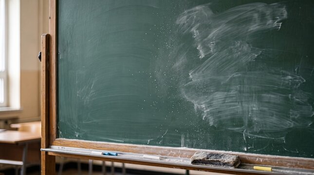 Erased writing on green chalkboard with chalk dust, worn eraser, and empty classroom
