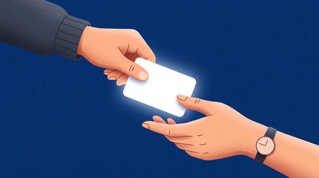 Two hands exchanging a blank white business card against a simple dark blue background in a flat vector style illustration created for modern corporate networking purposes