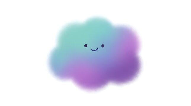 A cute cartoon cloud with a happy face, colored in pastel shades of turquoise and purple, against a white background.