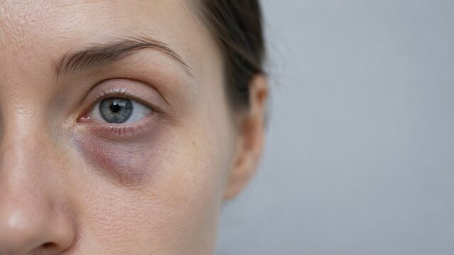 Close-up of woman face with blue eye showing dark bruise under eye with fair skin and natural light