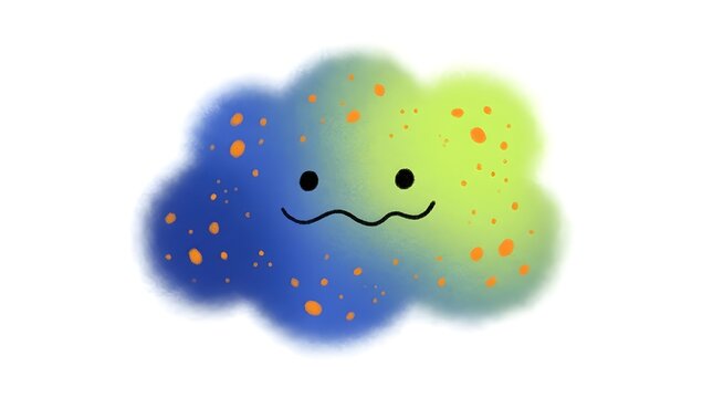 A cute cartoon cloud with a smiling face and spots, colored blue and green