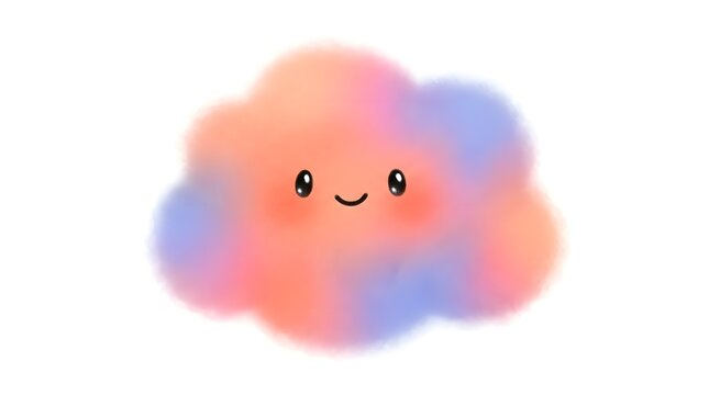 A cute, fluffy cloud with a happy face, rendered in soft pastel colors of pink, orange, and blue. It has rosy cheeks and big, expressive eyes, giving it a cheerful and whimsical appearance.