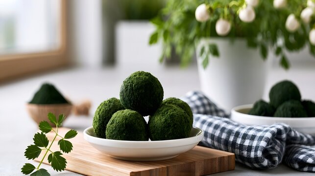 Vibrant green spherical snacks made from natural spirulina powder displayed on a wooden board beside fresh herbs and potted plants