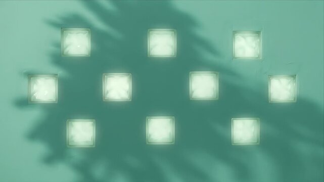 Minimalist botanical wall shadow overlay pattern with soft green glass block window light creating calm geometric abstract nature texture and pastel mint modern background design for creative mockup
