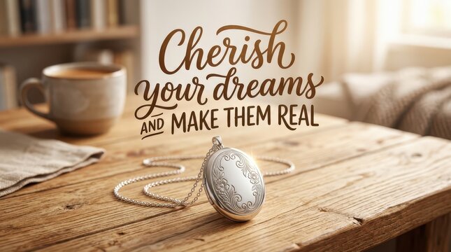 Cherish Your Dreams and Make Them Real: A Vintage Locket, Coffee, and Bookshelf Inspire Motivation and Goal Achievement