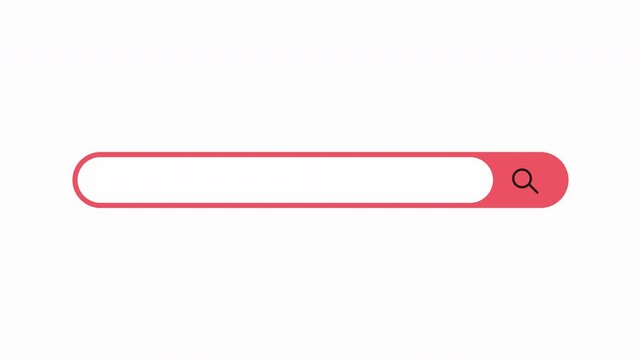Animated flat vector icon of a pink search bar displaying a white input field with a magnifying glass icon on a transparent background in 4k quality. Perfect for web design, SEO, and interface concept