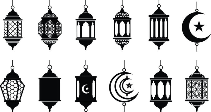 Ramadan lantern silhouettes set crescent moon star hanging Arabic lamp Islamic decorative Muslim festival ornament vector icon collection