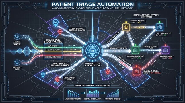 Advanced patient triage automation concept visualizing smart city hospital network management and optimized medical resource allocation in a digital healthcare system