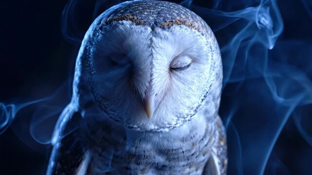 Barn owl turning and gazing into camera surrounded by flowing blue smoke for mystical wildlife content