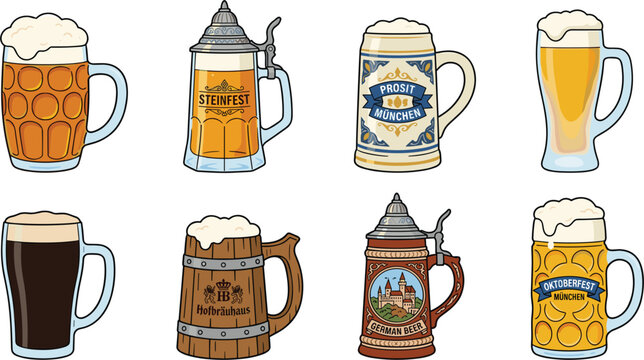 Set of beer mug and stein illustrations, featuring various traditional German, wooden, and glass drinkware designs