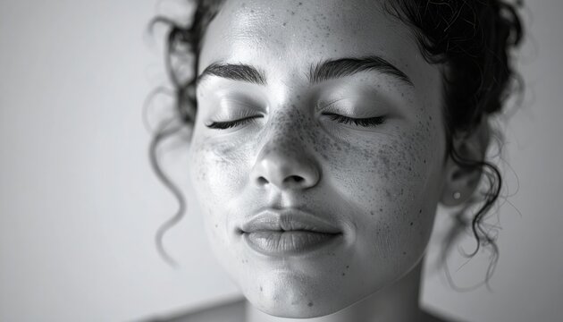 A serene black and white portrait of a person with closed eyes and a calm, peaceful facial expression.