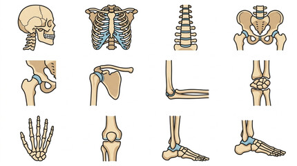 Anatomical Illustrations of Human Skeletal System Parts. © kam