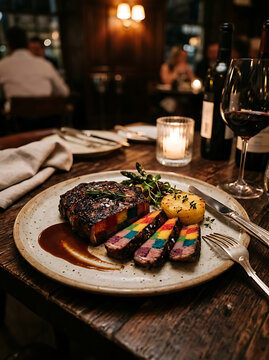 Gourmet sliced steak revealing interior rainbow checkerboard pattern