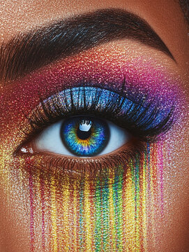 Artistic beauty portrait of a human eye with vibrant rainbow glitter eyeshadow and shimmering colorful makeup tears
