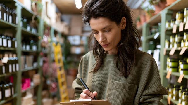 A woman writes notes on a clipboard while standing between shelves ed with bottles and jars in an organized storage area