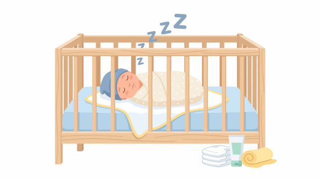 Baby Sleeping Peacefully in Wooden Crib with Swaddle and Nursery Essentials