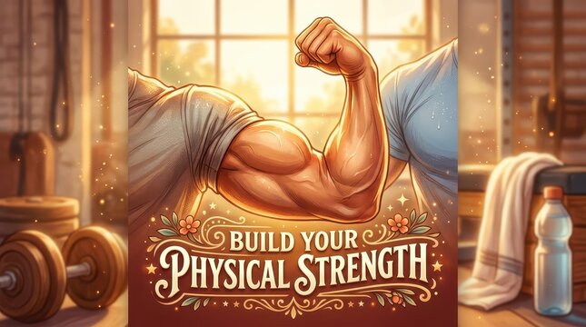 Close-up of a muscular bicep flexing in a gym setting, promoting physical strength and fitness with decorative elements.