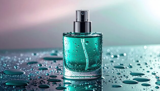 Turquoise Perfume Bottle on Reflective Surface with Water Droplets.