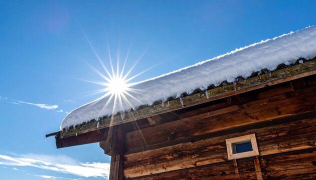 Snow-covered cabin roof under a bright blue winter sky.