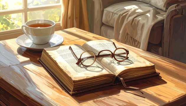 Cozy Still Life - Tea, Book, and Glasses on Wooden Table.