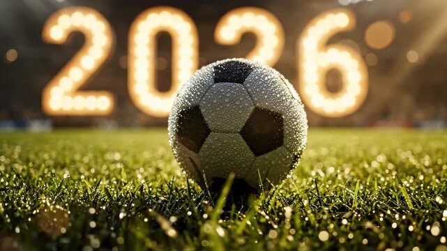 Soccer ball zooming in on stadium grass with 2026 World Cup sign glowing in background for sports content