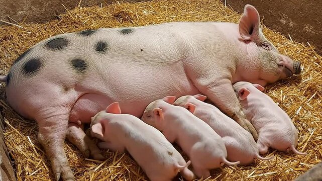 Close Up Of A Mother Pig Resting Peacefully With Her Piglets Nearby On A Bed Of Straw In An Nurturing Farm Animal Scene