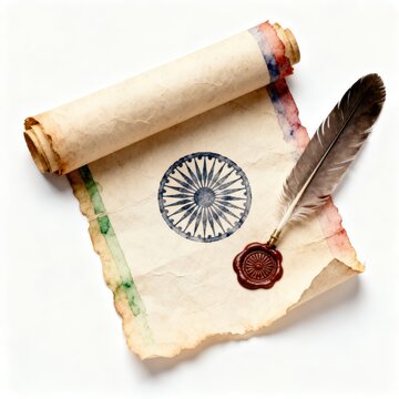 Aged Parchment Scroll Artfully Displays Watercolor Ashoka Chakra, Patriotic Tricolor Hues, Accompanied by a Feather Quill and Intricate Wax Seal.