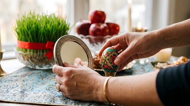Close up of hands carefully placing a beautifully painted egg on a haft seen table next to a vintage mirror, red apples, and green sabzeh wheatgrass for nowruz.