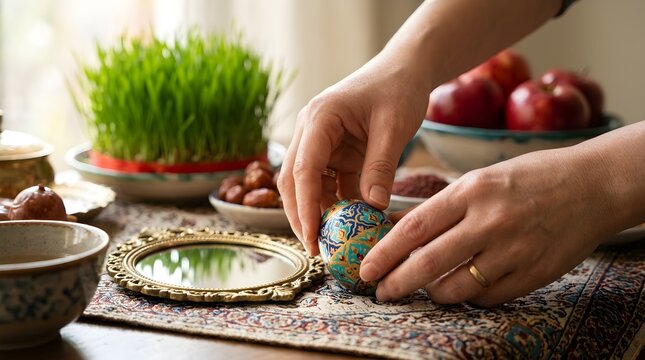 Woman hands setting up a traditional haft seen table for nowruz new year, adjusting a colorful painted egg near a golden mirror, sabzeh sprout, and red apples.