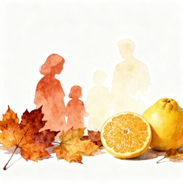 Earthy watercolor silhouettes of a family with autumn leaves and fresh pomelo fruits, celebrating tranquil seasonal essence.