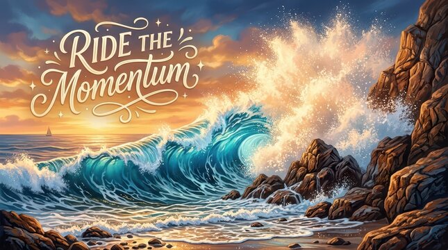 Dramatic ocean wave crashing against rocky shore at sunset with motivational text 'Ride the Momentum'
