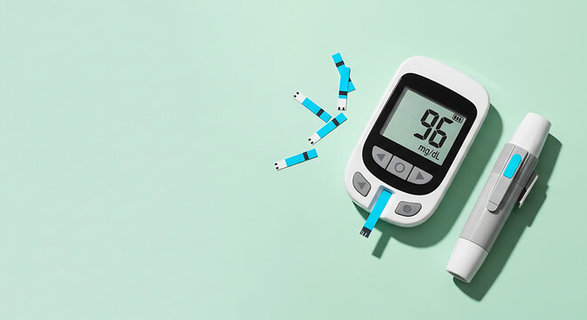 Blood glucose meter with test strips and lancing device on a light green background.