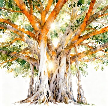 Watercolor depicting sun-drenched majestic Banyan tree's deeply rooted strength.