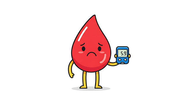 Cute cartoon blood drop character holding a blood glucose meter for diabetes awareness.