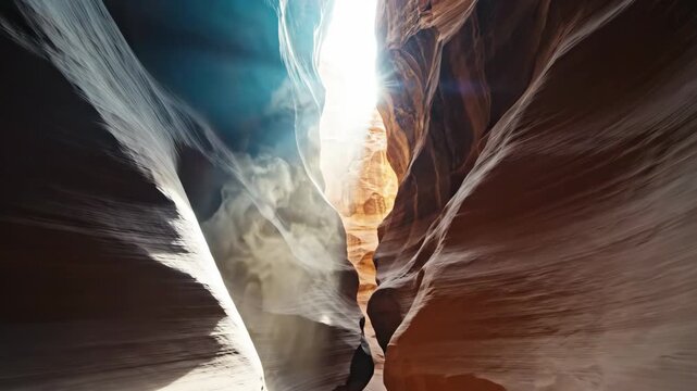 Sunlight beams flowing through narrow Antelope Canyon slot rock formations for nature and travel content
