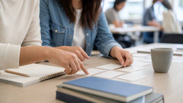 Hands Arranging Blank Vocabulary Cards During Language Study