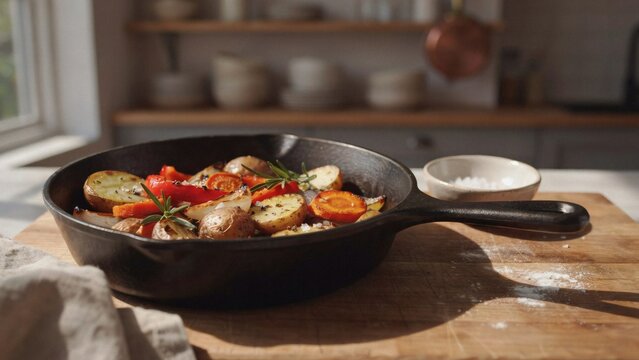 Rustic cast iron skillet filled with roasted vegetables and herbs on a wooden kitchen countertop in natural morning light