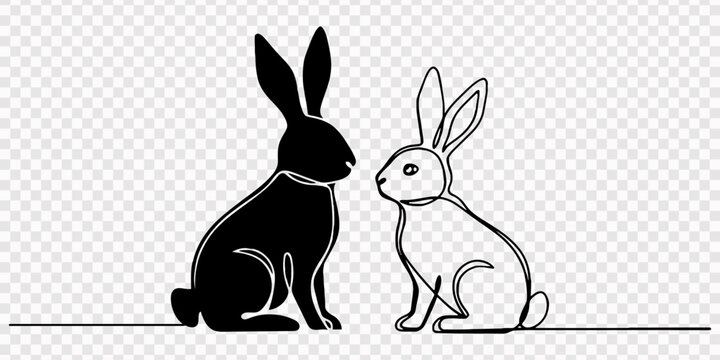 two rabbits continuous line art design vector illustration, Two rabbits in one continuous line one line vector illustration Editable stroke, Hare linear silhouette. Hand drawn silhouette illustration.