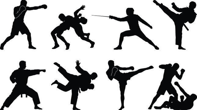 Martial Arts and Combat Sports Silhouettes Featuring Boxing, Karate, Judo, Kickboxing, Wrestling, Fencing, and MMA
