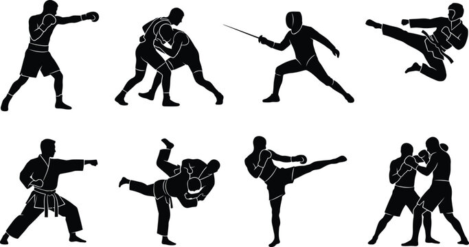 Martial Arts and Combat Sports Silhouettes Featuring Boxing, Wrestling, Fencing, Karate, Judo, Kickboxing, and MMA