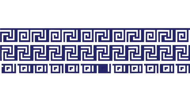 A continuous navy blue ornamental band featuring a classic Greek key pattern repeated across three horizontal rows on a white background