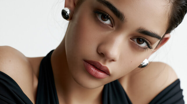 Beauty editorial close up young woman portrait flawless skin natural makeup soft lighting neutral background fashion elegance silver earring detail intense eye contact sensual mood
