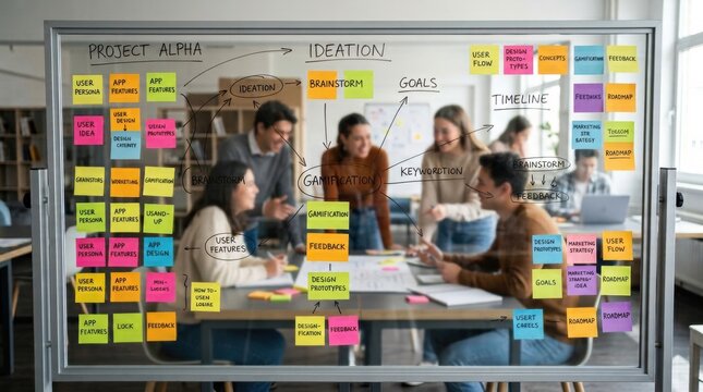 A diverse team collaborates in a modern office, using sticky notes for brainstorming and project planning, showcasing teamwork and creative ideation.
