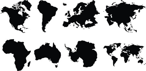 World Continent Silhouettes Collection Featuring North America, South America, Europe, Asia, Africa, Australia, and Antarctica © Pronabesh