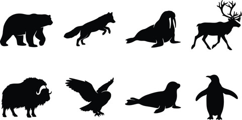 Fototapeta premium Arctic and Polar Animal Silhouettes Featuring Bear, Wolf, Walrus, Reindeer, Musk Ox, Owl, Seal, and Penguin