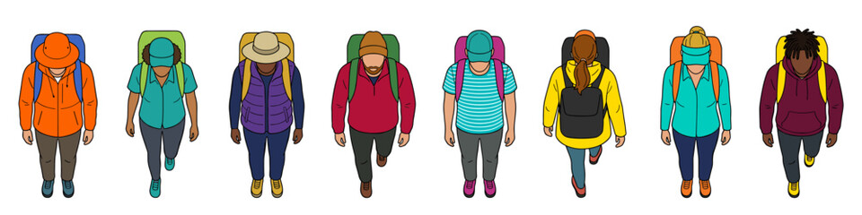 Fototapeta premium Hikers and backpackers top view. People with backpacks walking and trekking from above. Outdoor adventure overhead scene. Vector isolated set on transparent background